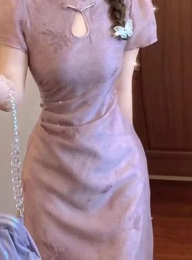 新中式国风年轻款少女旗袍2025新款高端精致花镂空紫色连衣裙子