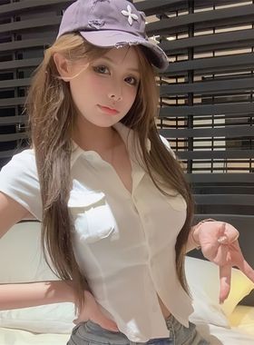 白色POLO领短袖衬衫女夏季辣妹纯欲风上衣服