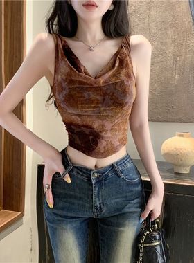 法式复古2025网纱背心女夏季小众气质一字肩修身显瘦辣妹短款上衣