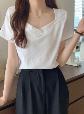 210克40支92棉8氨纶美式时尚t恤女短袖紧身甜辣妹正肩上衣T恤