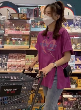 火龙果短袖t恤女夏季新款宽松百搭大码纯棉不规则开叉半袖上衣服