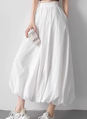 大码白色花苞裙蓬蓬裙女2025新款a字小个子半身裙设计感褶皱长裙