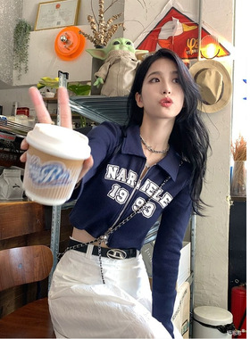 MR【原版品质】polo领拉链字母长袖上衣女秋季薄开衫