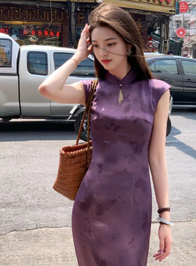 芙蓉'紫色缎面改良旗袍女2025春夏绝美修身新中式蝴蝶收腰连衣裙