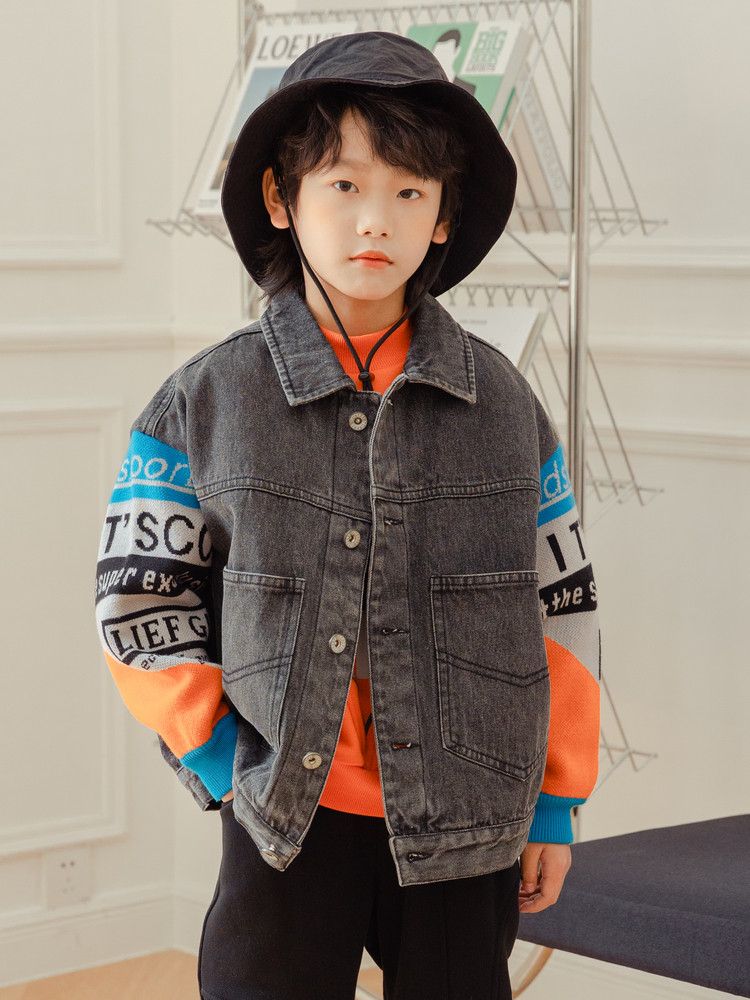 淘气贝贝男童夹棉牛仔外套秋冬装中大童牛仔衣帅气潮男生上衣冬季