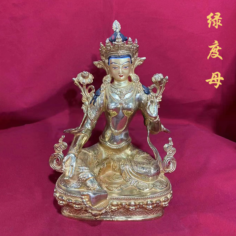 绿度母佛像纯铜7寸10寸15寸鎏金供奉西藏藏传佛堂桌面铜像摆件