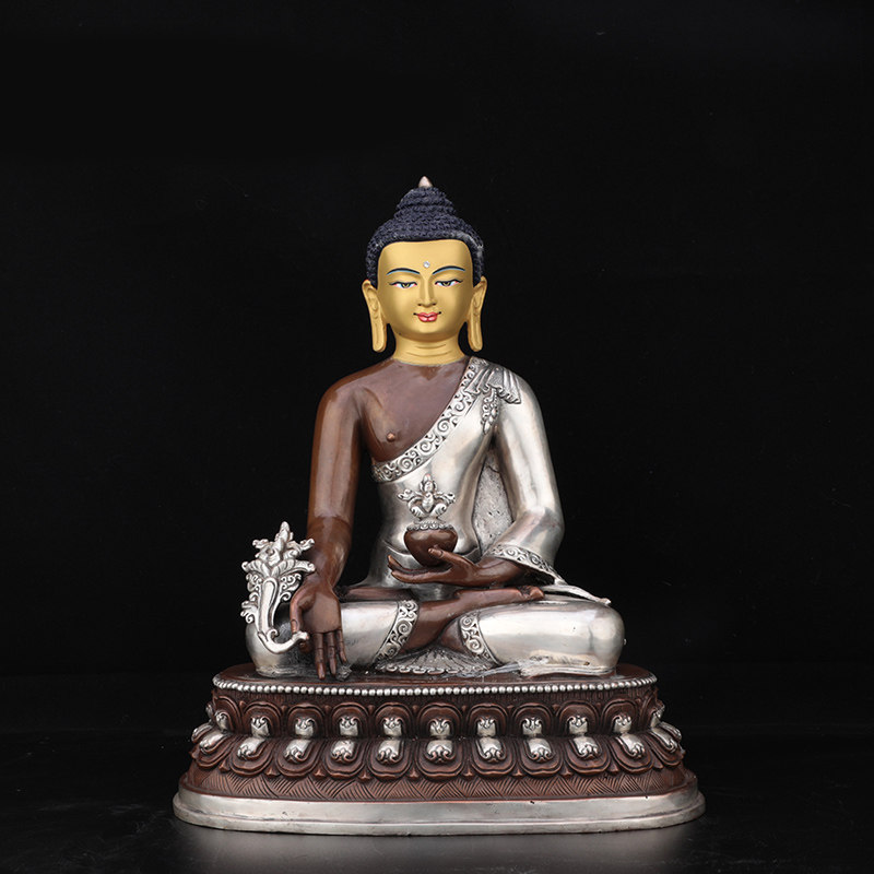 药师佛纯铜佛像尼泊尔手工佛像古色鎏金佛纯铜 10寸佛堂长寿三尊