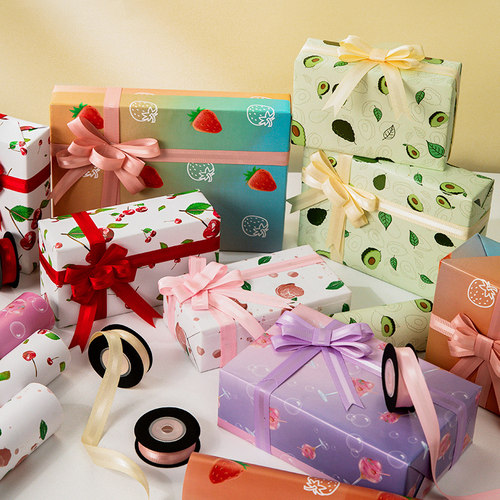 卡通渐变色水果包装纸丝带