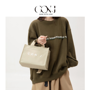 CON.J原创设计字母刺绣帆布尼龙包韩系ins风女简约通勤托特斜挎包