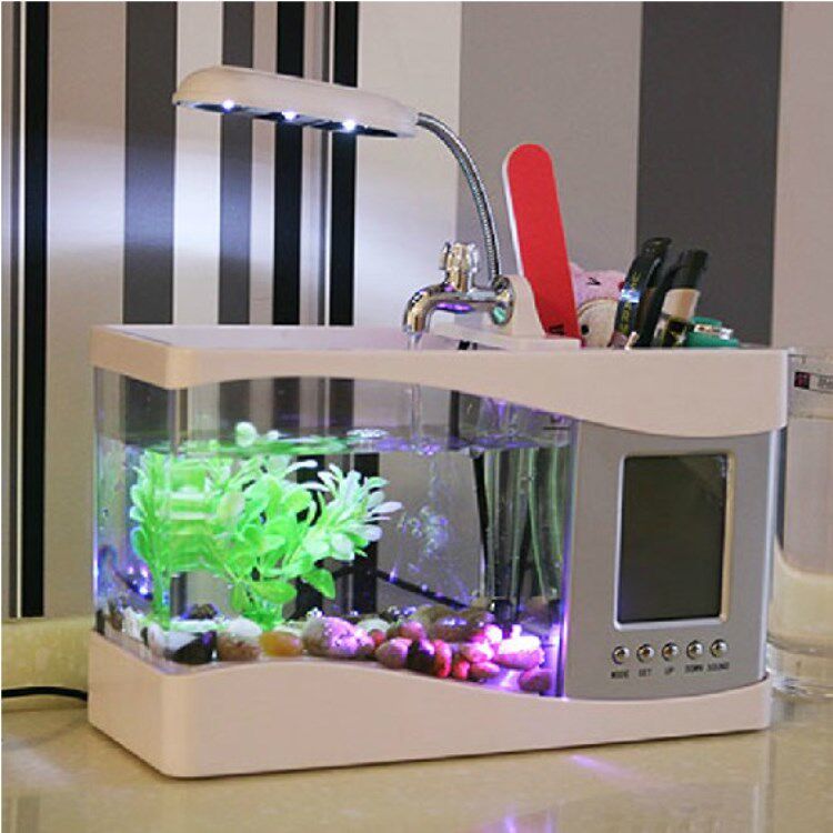 迷你创意办公室宿舍小鱼缸带灯发光日历闹钟氧气水泵养金鱼水族箱