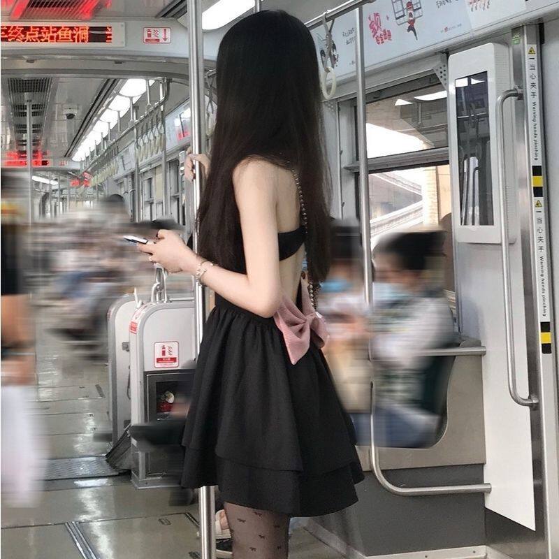 小个子挂脖可爱礼服裙黑色连衣裙女 赫本纯欲辣妹风裙蝴蝶结蓬蓬
