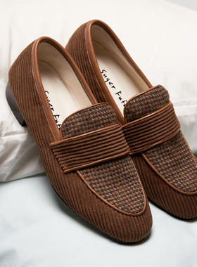 SugerFuFu原创设计手工制作 灯芯绒羊绒拼接秋冬复古文艺平底乐福