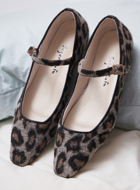 SugerFuFu设计 手工制作 秋冬豹纹羊毛绒方头平底玛丽珍