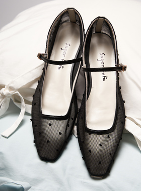 SugerFuFu原创设计 手工制作 黑色点点透明网纱方头平跟玛丽珍