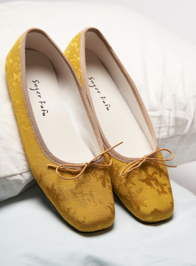SugerFuFu设计 手工制作 新中式暗花绸缎黄色方头平底芭蕾鞋
