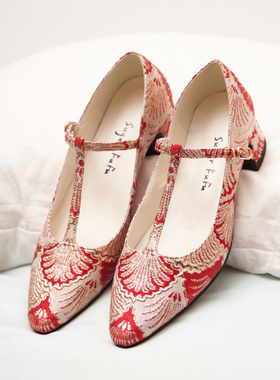 SugerFuFu设计 手工制作 新中式国风大红调粗跟T字带玛丽珍