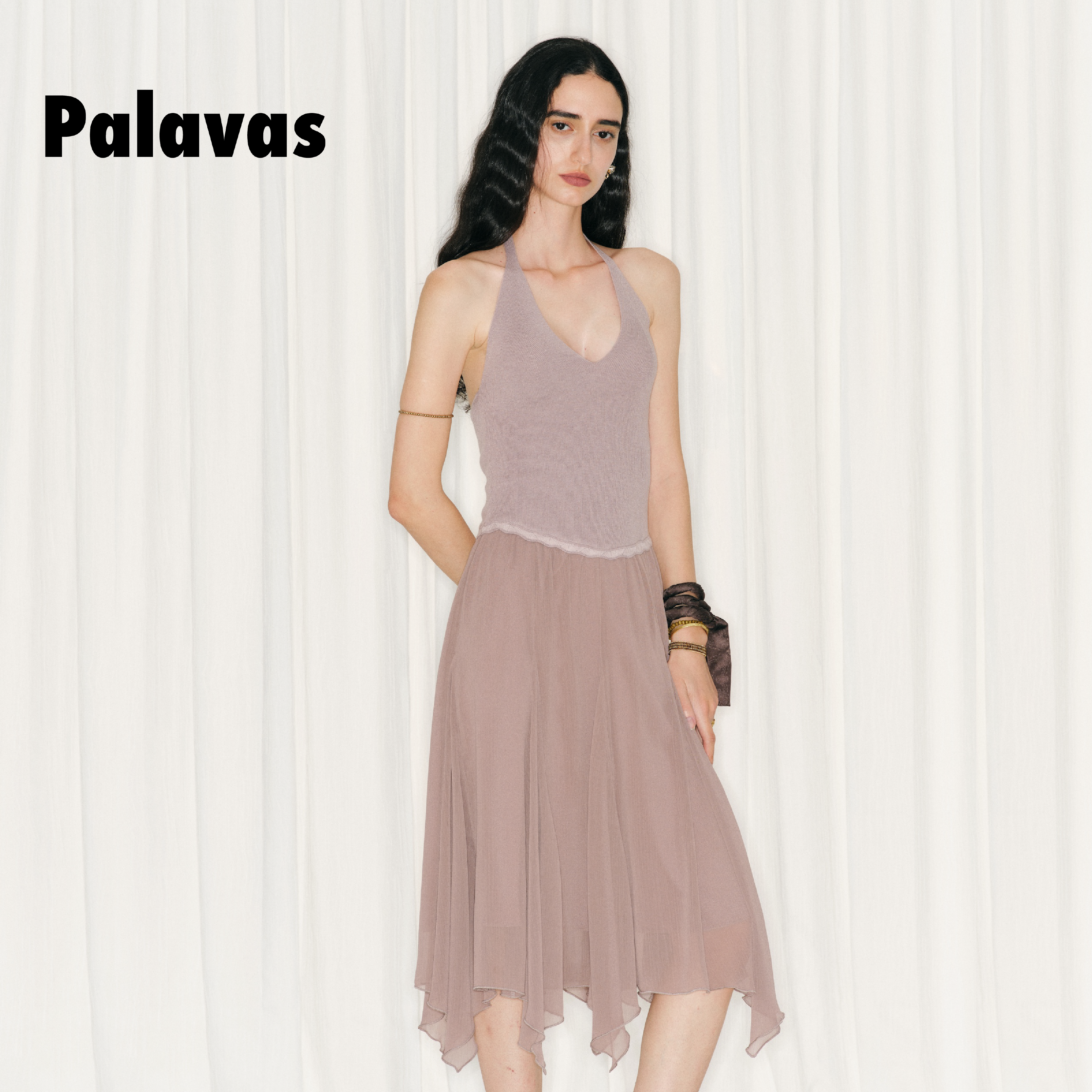 Palavas26春夏新款喀拉拉河谷挂脖连衣裙女V领修身芭蕾风仙女裙