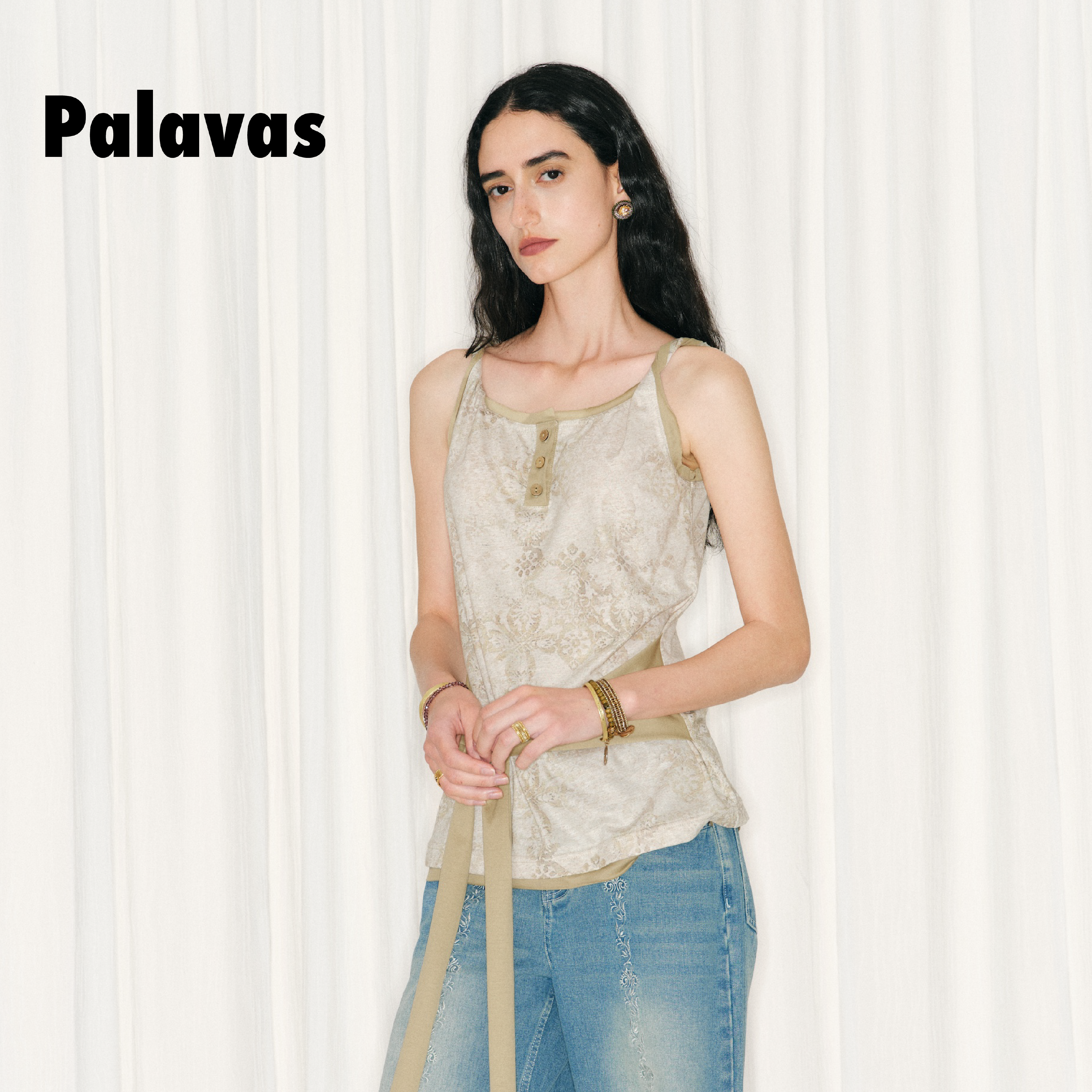 Palavas26春夏新款沙砾浮生吊带系带亚麻印花背心女绑带背心外穿