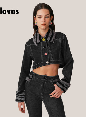 palavas秋冬包上恩同款斑马纹牛仔套装炭灰色高腰显瘦外套原创