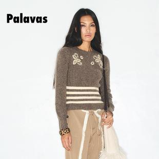 双生镜花针织上衣女高级灰色长袖 Palavas新品 圆领套头毛衣设计感