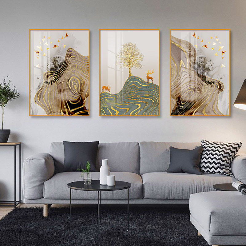 创意后现代轻奢风三联画客厅挂画年轮沙发背景墙装饰画抽象风壁画