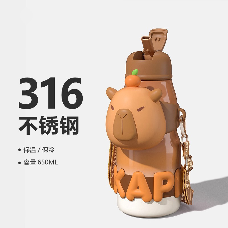卡皮巴拉保温杯女大容量水杯学生便携儿童水壶316不锈钢吸管杯子