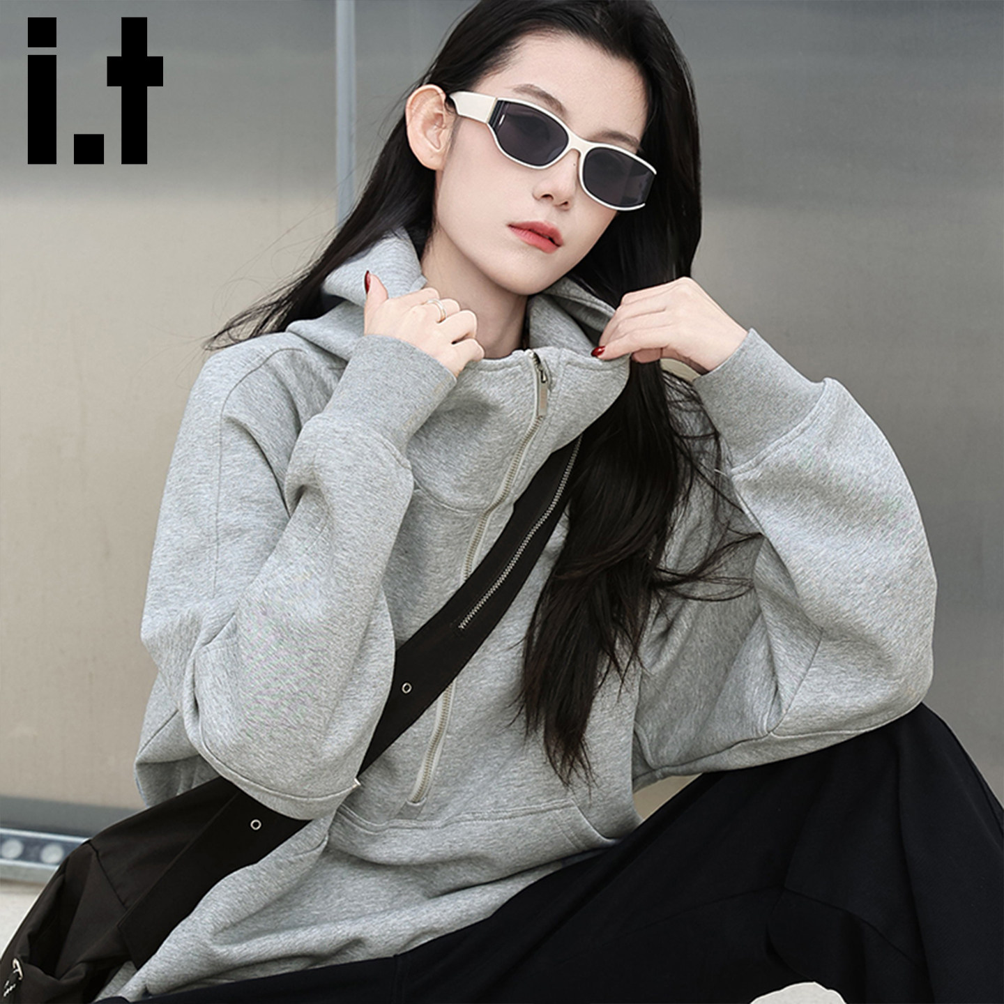 立体拼接卫衣i.t izzue连帽半拉链秋冬潮牌宽松clenfit卫衣男款