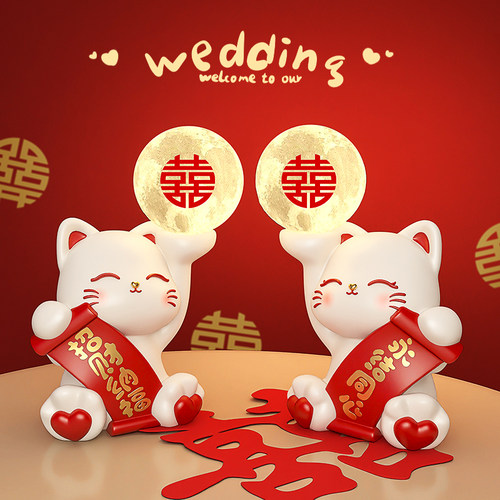 招财猫长明灯结婚氛围喜灯卧室床头灯礼物送新娘陪嫁高档一对台灯