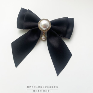 复古黑色缎带蝴蝶结别针领花胸针气质少女学院风百搭发夹顶夹配饰