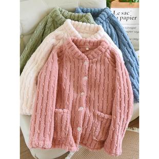 珊瑚绒睡衣上衣单件女款冬加绒加厚法兰绒毛绒开衫外穿外套家居服