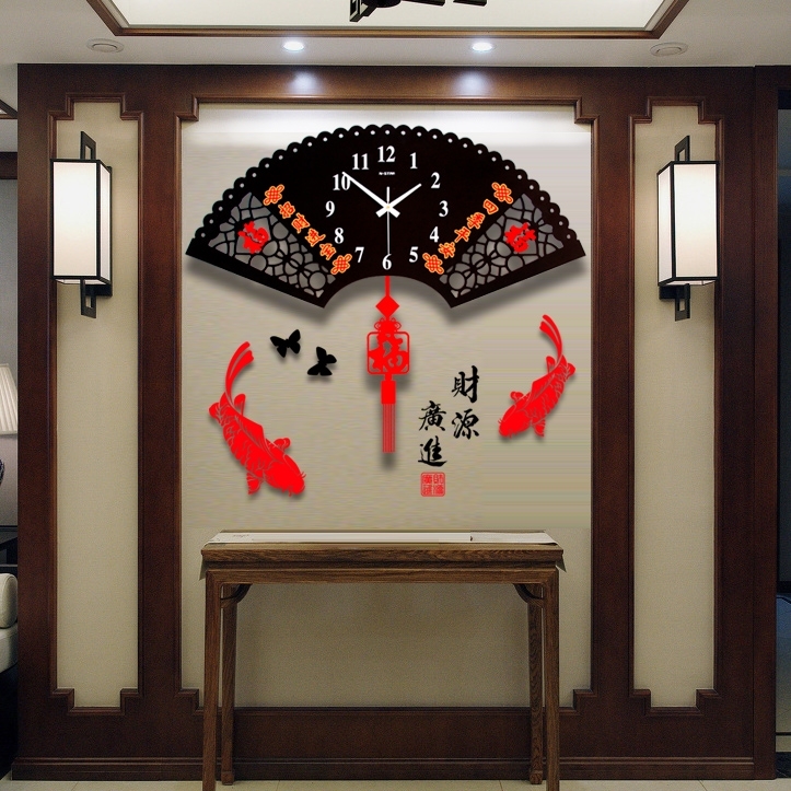 中国风大气家用客厅扇形挂钟创意个性时钟静音时尚电子石英摆钟表