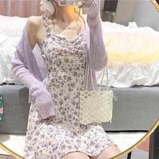 兩件套裝 2024新款 小個(gè)子法式 雪紡短裙紫色碎花吊帶連衣裙開衫 女夏