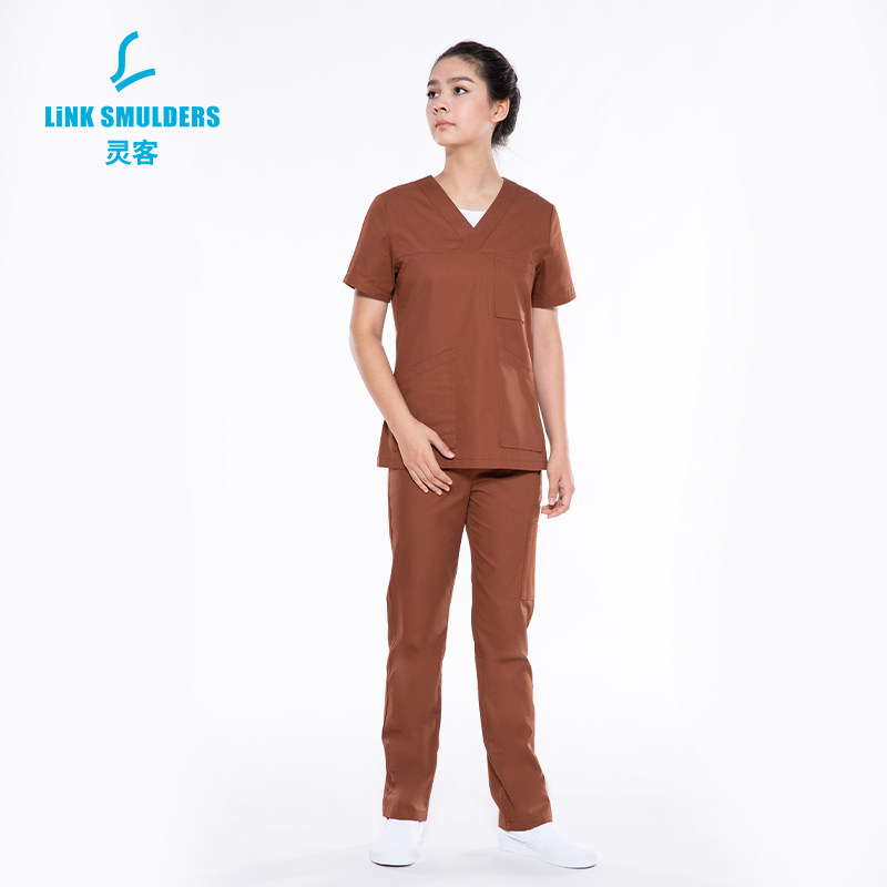 【SALE】医生刷手服V领短袖纯色抗菌实验室诊所工作服女士款套装