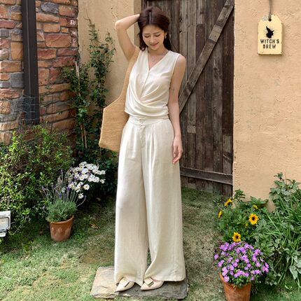 2026夏装新款设计交叠系带上衣天丝棉麻阔腿裤气质两件套装女