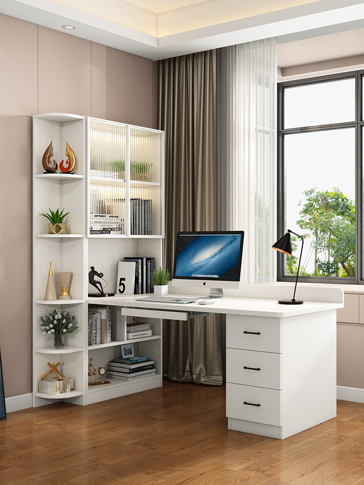 台式电脑桌带书柜实木转角书桌书架一体办公桌学生家用学习写字桌