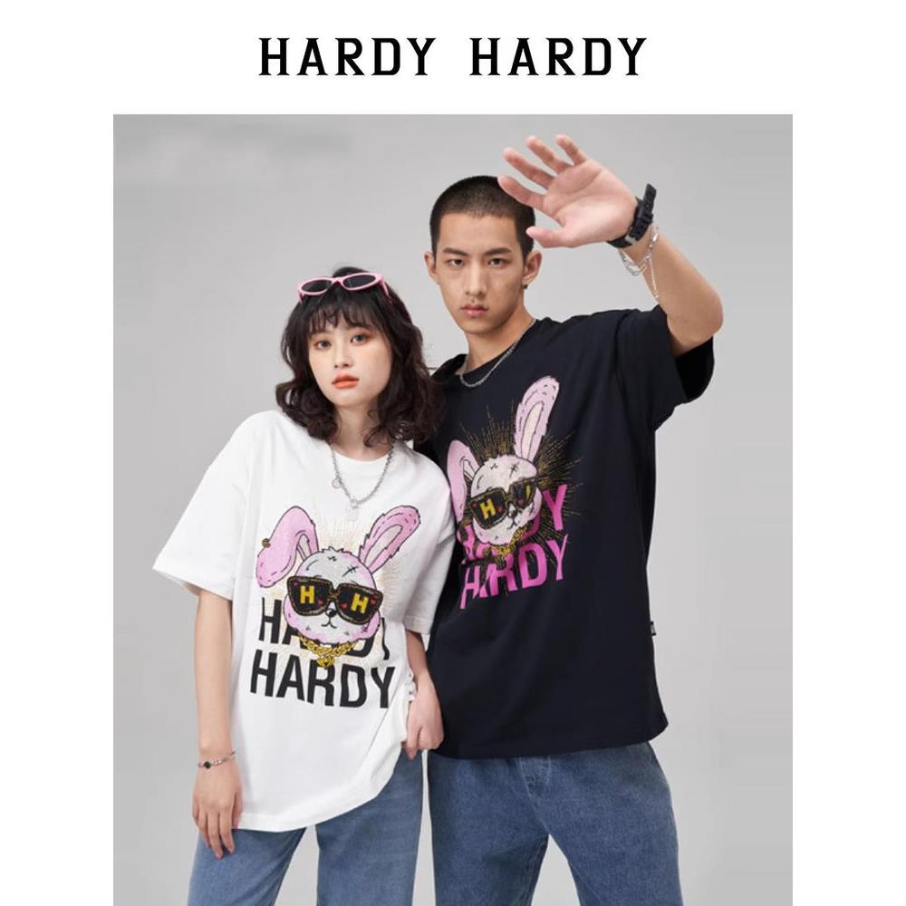 HARDYHARDY2024宽松潮流印花烫钻字母小兔子短袖T恤男女同款体恤