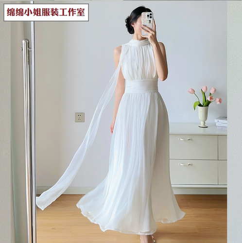 白色连衣裙女长裙仙女裙飘带大摆