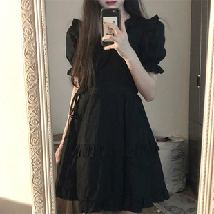 韩版复古气质小黑裙木耳边娃娃领收腰显瘦连衣裙女学生夏季a字裙