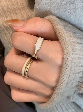 金色交叉双层滴釉戒指女ins小众设计开口时尚指环轻奢个性食指戒