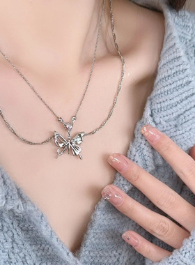 爱心双层蝴蝶项链女甜酷ins潮辣妹气质高级感个性百搭骨碟锁骨链