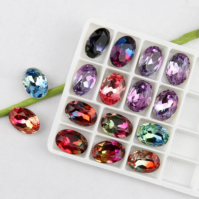 13x18mm无孔蛋型椭圆碧玺钻 渐变色K9椭圆碧玺钻手缝钻 diy饰品