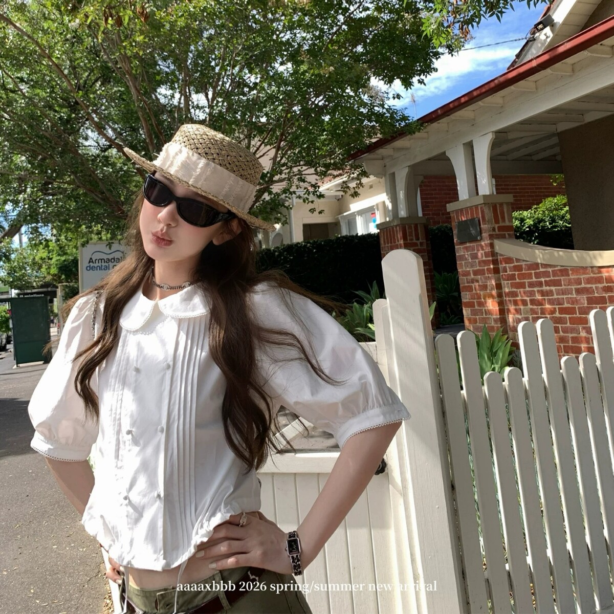 aaaaxbbb 巴拿马玫瑰 中袖娃娃领纯棉白衬衫抓襟花边泡泡袖上衣女