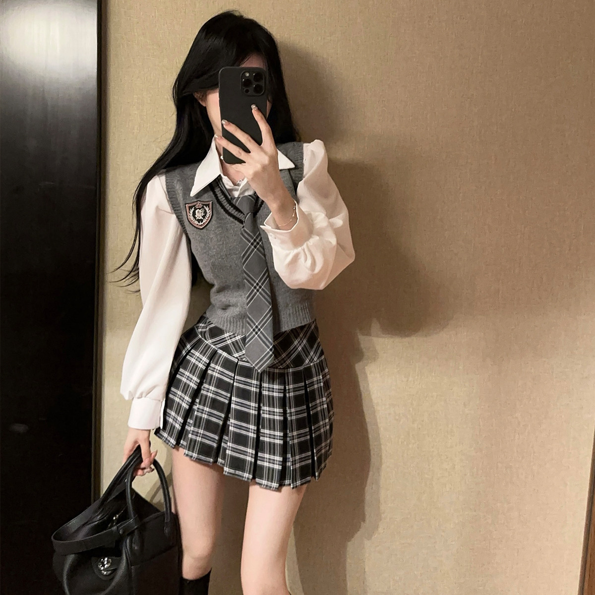 实拍实价jk制服学院风韩式背心针织叠穿马甲衬衫格子半身裙三件套