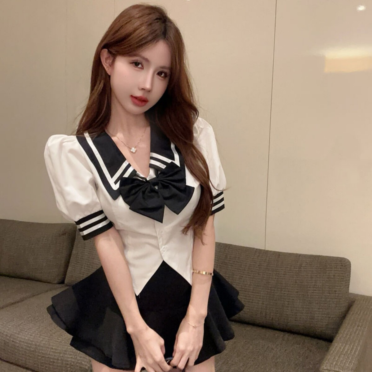 实拍实价 JK学院风套装女网红短袖减龄衬衫高腰蓬蓬半身短裙裤