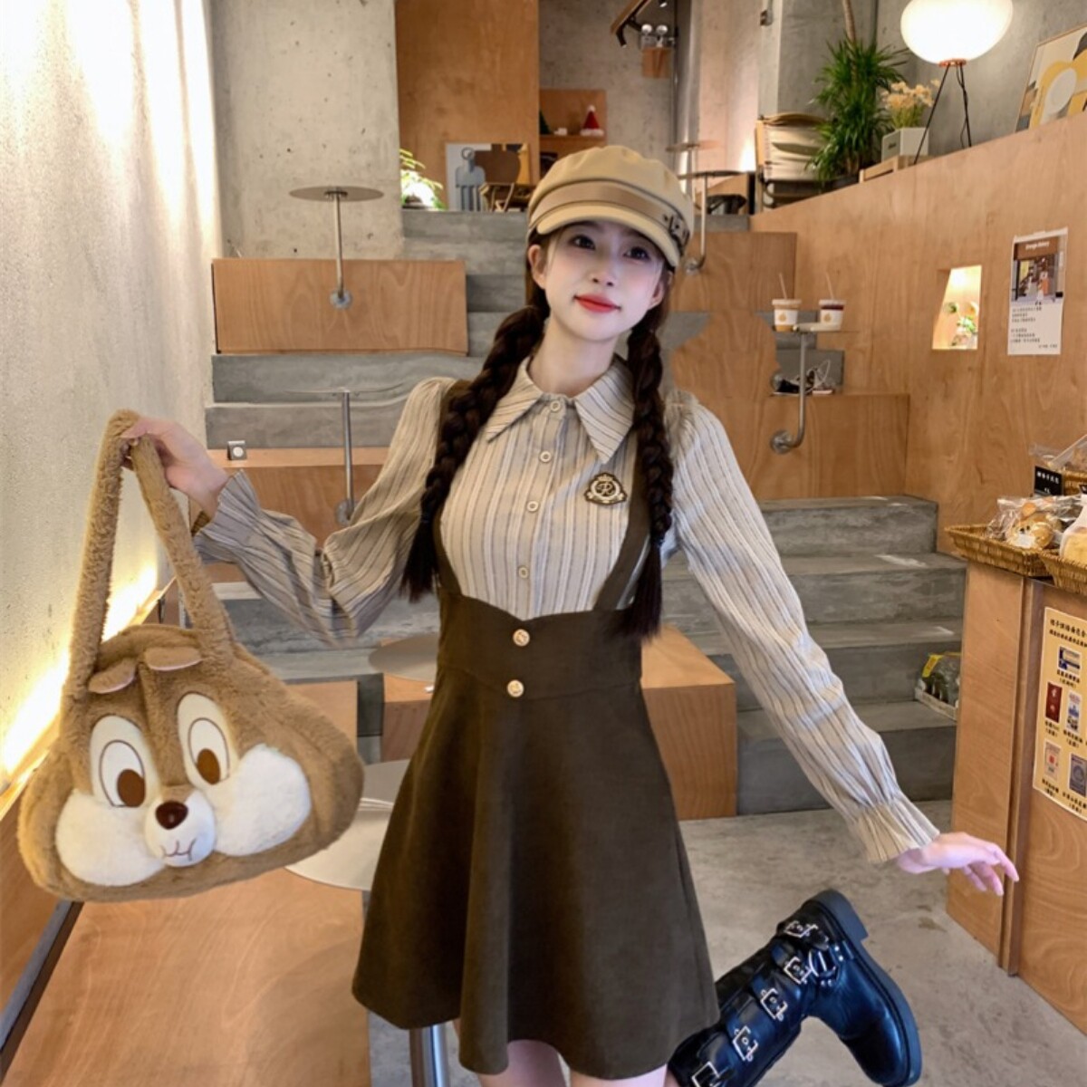 实拍 2025秋新款显瘦复古氛围感条纹衬衫学院连衣裙背带裙子女