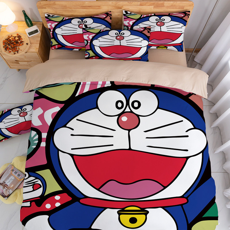 蓝胖子床品四件套卡通蓝色肥猫印花被套学生宿舍单人床三件套床单