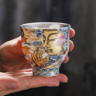 万佛朝宗鎏银茶杯敦煌文创主人杯珐琅彩陶瓷功夫茶具品茗杯银杯子