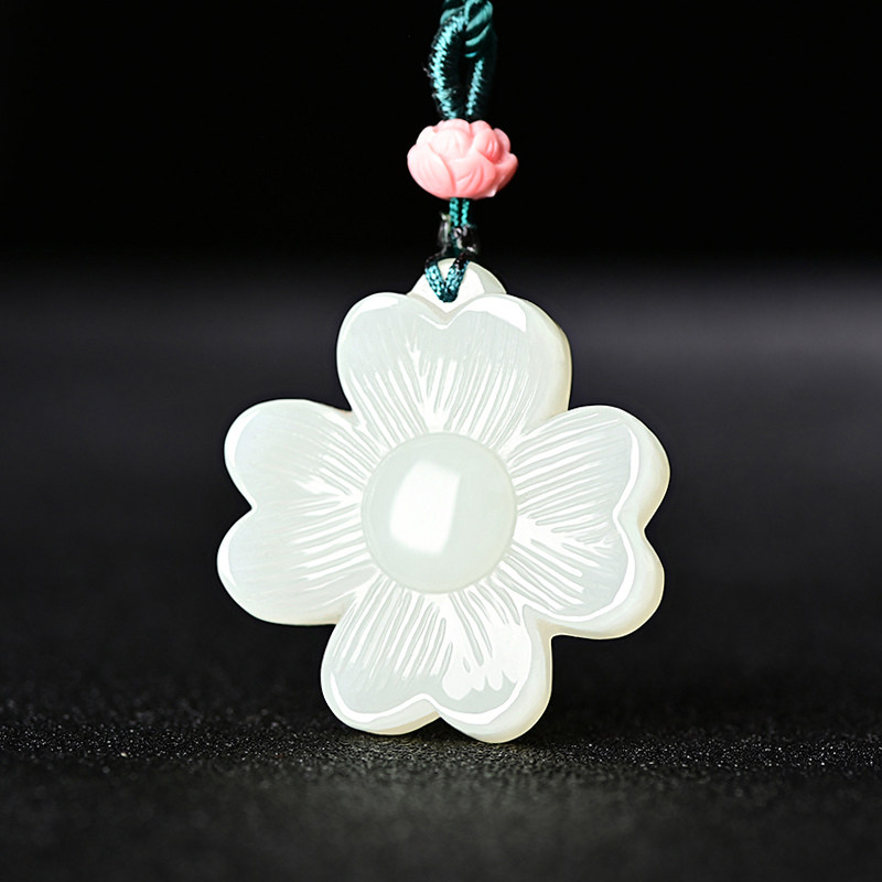 新疆和田玉吊坠樱花玉佩女款个性饰品花开富贵玉石挂件毛衣链挂坠