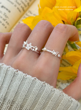 925纯银蝴蝶戒指锆石双层女