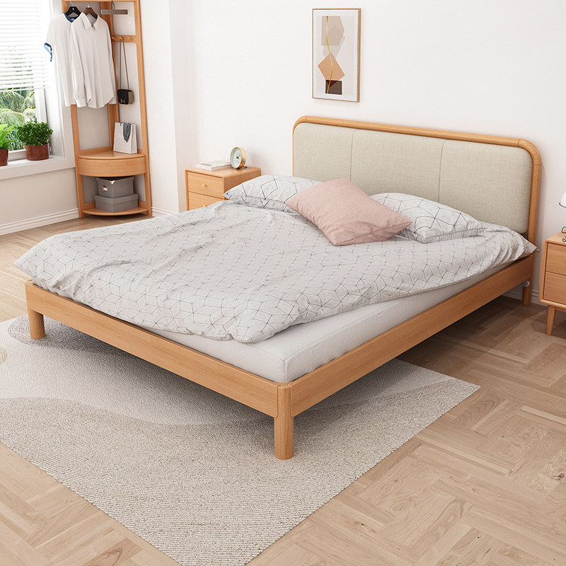 全实木床软包靠背床现代简约榉木双人床北欧主卧1.5米1.8米单人床